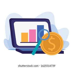 money coin, magnifying glass and laptop computer with graphic bar chart over white background, colorful design, vector illustration