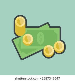 money and coin with outline flat vector design.