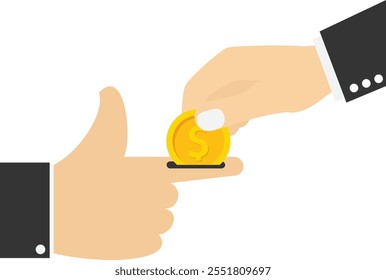 Moneda de dinero puesta en pulgares hacia arriba. Apreciación o elogio por el concepto de empleado de éxito. Ilustración vectorial moderna en estilo plano.

