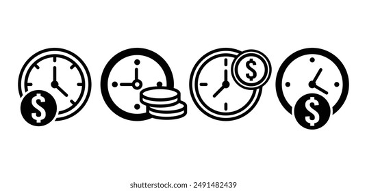 money coin with time clock icon symbol vector design black white color simple illustration collection set isolated