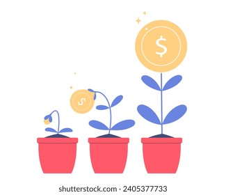 Monedas en macetas de flores. Crecer dinero, ahorro e inversión. Concepto de crecimiento financiero.