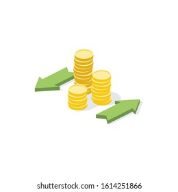 Money coins arrows. Vector 3d isometric, color web icon, new flat style. Creative illustration design, idea for infographics.