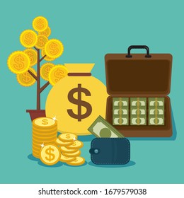 Money and coins with money bag, illustration vector cartoon
