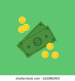 Money coins and bills. Vector illustration.