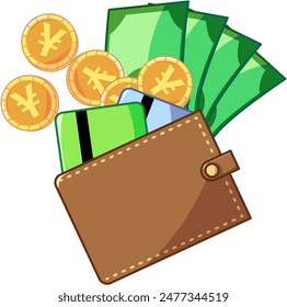 Money, coins, and cards with yen currency in a wallet illustration in flat design