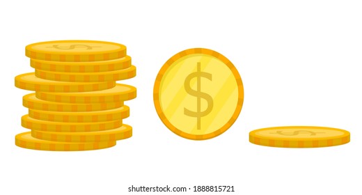 Money, coins in cartoon style isolated on a white background. Vector illustration of dollars in different angles. Coins for purchases and increasing the deposit.