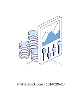 Opciones del gráfico de monedas monetarias. Vector 3d línea isométrica, color de iconos web conjunto, nuevo estilo plano. Ilustración creativa, idea para infografías.