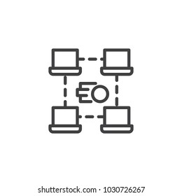 Money coins and computer network outline icon. linear style sign for mobile concept and web design. Virtual money internet transfer simple line vector icon. Symbol, logo illustration.