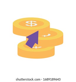 money coins and cursor icon over white background, flat style, vector illustration