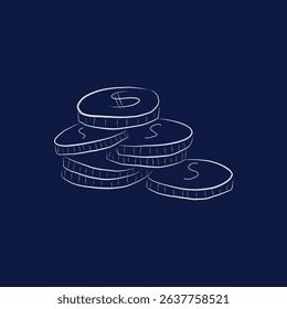 money coins doodle sketch outline on blue blackground. editable vector eps 10 