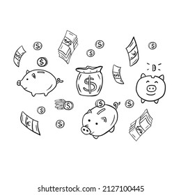 Money and coins doodles. Illustration of finance and currency. Sketch style drawing.Piggy bank.Dollars and euro for business.
