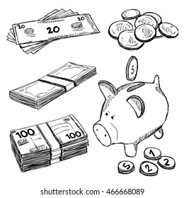 Money And Coins Doodles. Illustration Of Finance And Currency. Sketch Style Drawing.