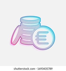 money coins euro icon. Colored logo with diagonal lines and blue-red gradient. Neon graphic, light effect