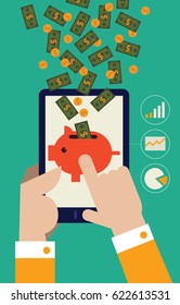 Money and coins fall from the sky into a piggy bank being held by a tablet