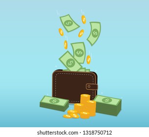 Money and Coins falling into a leather wallet. income, savings money, Business success Concept. vector illustration