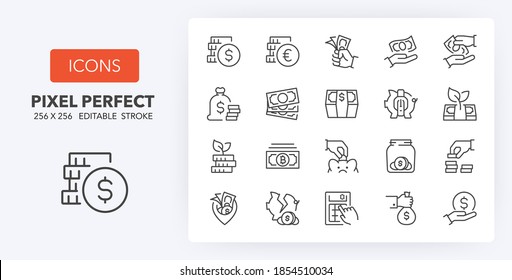 Money, coins and finances thin line icon set. Outline symbol collection. Editable vector stroke. 256x256 Pixel Perfect scalable to 128px, 64px... - Shutterstock ID 1854510034
