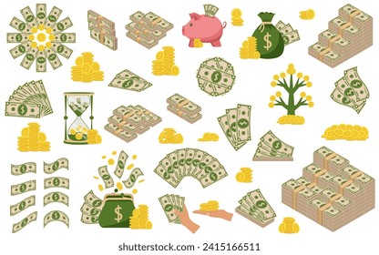 Money and coins. Green dollar banknotes pile, golden coin. Bundle with cash bills. Flat vector cartoon money illustration. Objects isolated on a white background.