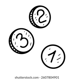 Money coins. Hand drawn doodle. Payment instruments. Equivalent to 1, 2, 3 units. Banking services. Round, made of metal. Vector line art illustration.