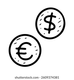 Money coins. Hand drawn doodle. Payment methods. Dollar and euro sign. Banking services. Round, metal. Vector line art illustration.