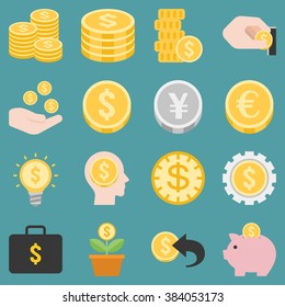 money and coins icons set, flat design