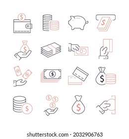 Money and Coins icons set. Money and Coins pack symbol vector elements for infographic web
