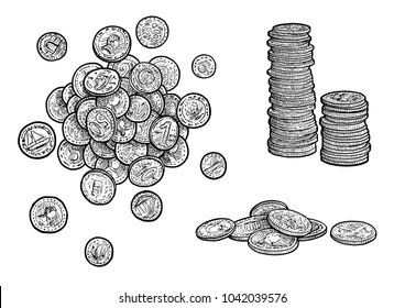 Money, coins illustration, drawing, engraving, ink, line art, vector