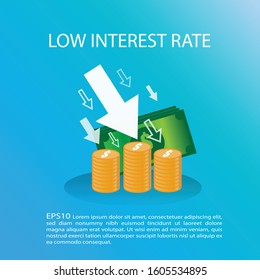 Money Coins With Many Arrow Pointing Down. Low Interest Concept. Banking Loan Finance Concept. EPS10 Vector Illustration.