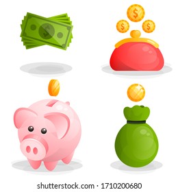 Money, coins, moneybox piggy and wallet icons