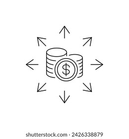 Money coins with multi-directional arrow icon line style isolated on white background. Vector illustration