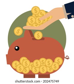 Money coins on hand and Piggy bank with coin over it. Modern Flat design vector illustration concept.