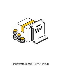 Money coins package delivery document. Vector line, 3d stroke isometric, color web icon, new flat style. Creative illustration design, abstract idea for infographics.