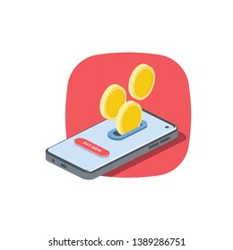 Money coins phone mobile. Vector 3d isometric color icon new flat style. Creative illustration, idea for infographics.