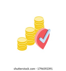 Money coins pin map check mark. Vector 3d isometric, color web icons set, new flat style. Creative illustration, idea for infographics.