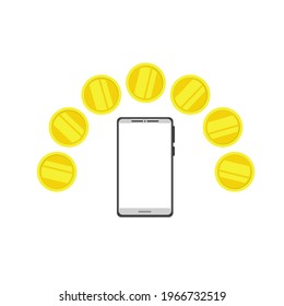 Money, coins are spread out around the phone, on top. Vector illustration, flat cartoon color design, isolated on white background. Blank white clean touchscreen, front view.