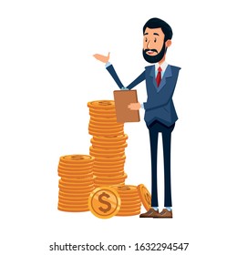 money coins stack and businessman standing over white background, colorful design, vector illustration