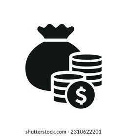 Geldmünzen-Stack-Symbol mit Dollar-Symbol. Geldbeutel, Finanz- und Geschäftskonzept. Schwarz-Weiß-Münzen Pfahlsilhouette Symbol. 