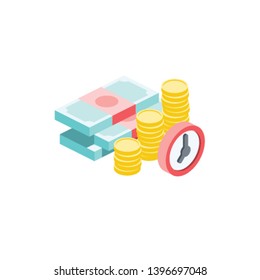 Money, coins and Time. Vector 3d isometric color icon new flat style. Creative illustration, idea for infographics.