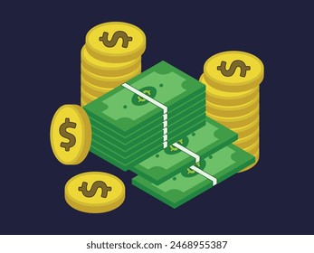 Money and Coins vector illustrations. Dollar banknotes pile, golden coin stack in Isometric Style