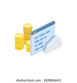 Money coins window development code cloud technology. Vector 3d isometric, color web icons set, new flat style. Creative illustration, idea for infographics.