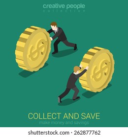 Money collect and save flat 3d web isometric infographic concept vector. Businessman rolling gold dollar coin. Monetary finance conceptual. Creative people collection.