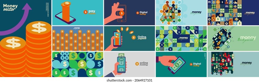 Money. A collection of banners. Cash is digital money,  business objects and icons with a stroke. Set of vector illustrations. Funny cartoon style.