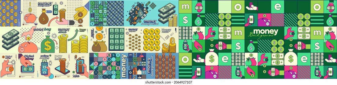 Money. A collection of banners. Cash is digital money,  business objects and icons with a stroke. Set of vector illustrations. Funny cartoon style.
