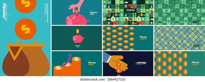 Money. A collection of banners. Cash is digital money,  business objects and icons with a stroke. Set of vector illustrations. Funny cartoon style.