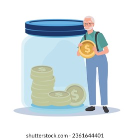 money Collection and Financial Planning concept. Happy Elderly man Holding Big Coin for Savings in Jar