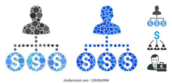 Money collector composition of filled circles in variable sizes and color tints, based on money collector icon. Vector filled circles are combined into blue collage.