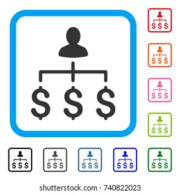 Money Collector icon. Flat grey iconic symbol inside a light blue rounded rectangular frame. Black, gray, green, blue, red, orange color versions of Money Collector vector.