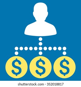Money Collector vector icon. Style is bicolor flat symbol, yellow and white colors, rounded angles, blue background.