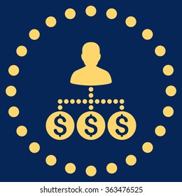 Money Collector vector icon. Style is flat circled symbol, yellow color, rounded angles, blue background.