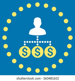 Money Collector vector icon. Style is bicolor flat circled symbol, yellow and white colors, rounded angles, blue background.