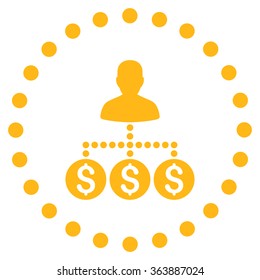 Money Collector vector icon. Style is flat circled symbol, yellow color, rounded angles, white background.